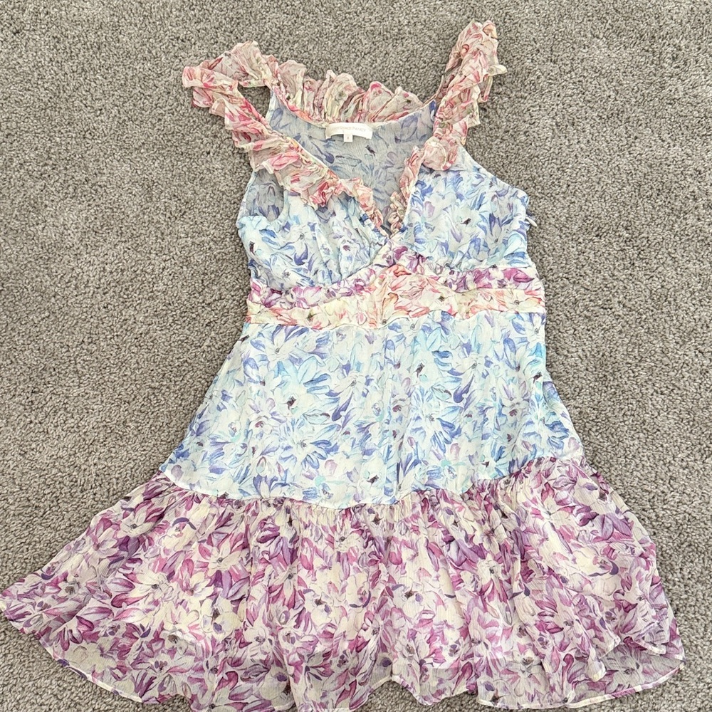 LoveShackFancy Floral Mini Dress in Pink and Blue